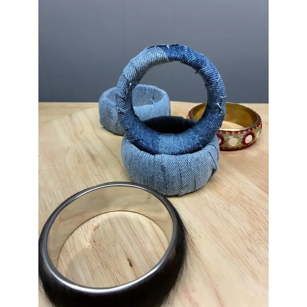 Upcycled Bangle Bracelet Set – Denim Wrapped, Embroidered, and Faux Fur